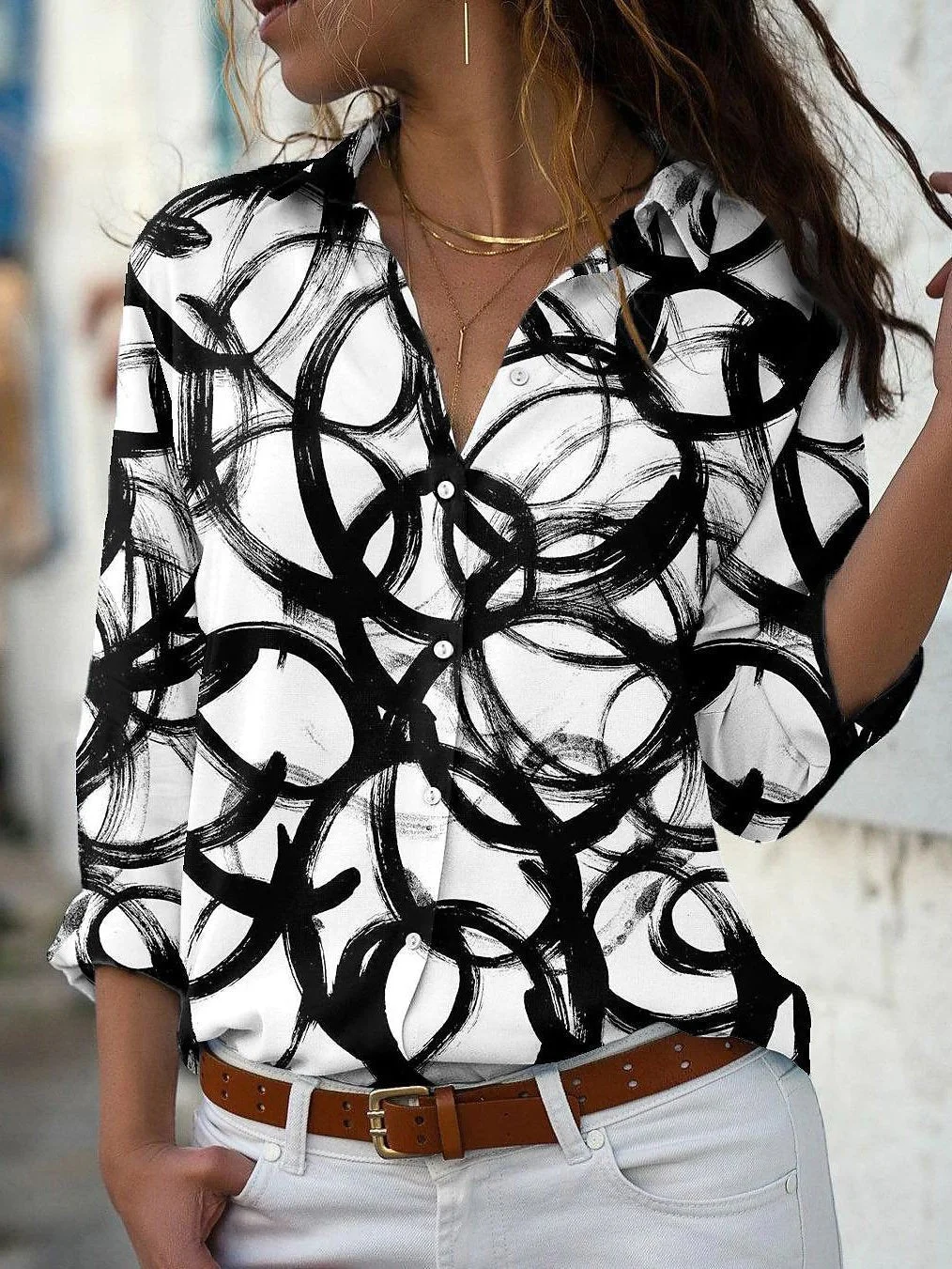 Women Long Sleeve V-neck Printed Shirt Top