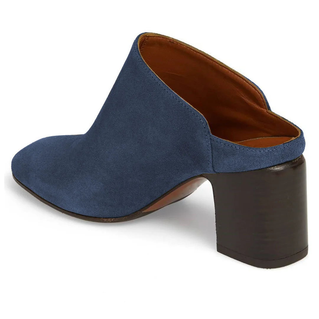 Navy Vegan Suede Slip-On Round Toe Block Heel Women's Mule Shoes