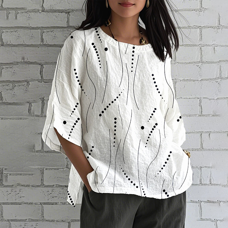 Comstylish Geometric Art Print Round Neck Loose Linen Blend T-shirt