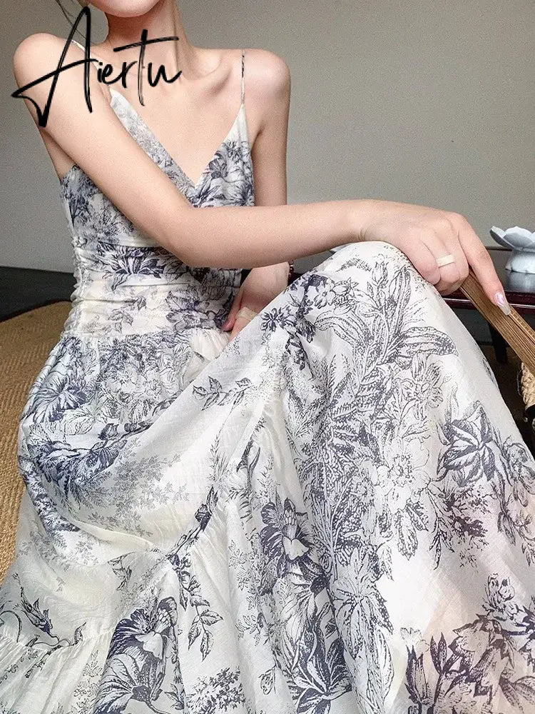 Aiertu Chinese Style Sleeveless Camisole Dress For Women With Summer Design Sense, Ink Painting Waistband Slim Fit Long Skirt Aiertu