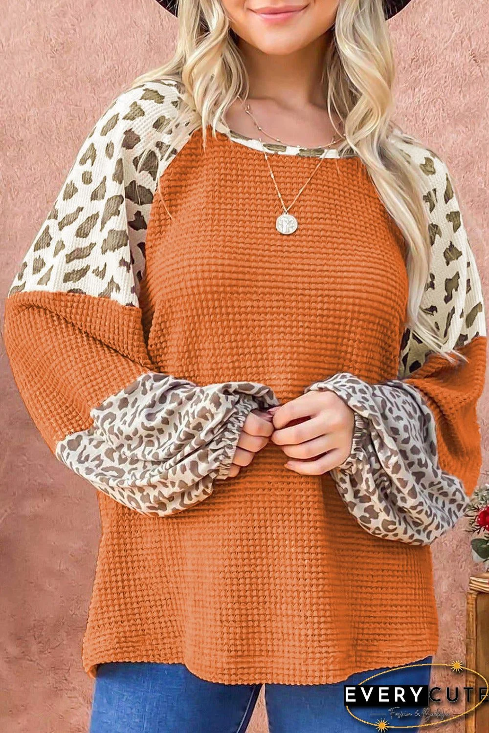 Orange Leopard Colorblock Waffle Knit Top