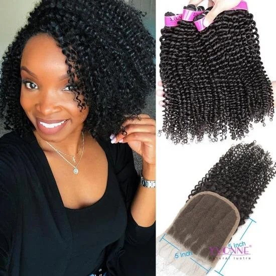  Free Shipping Yvonne Premium Virgin Grade 4A 4B Kinky Curly 3 Bundles With 5x5 Lace Closure