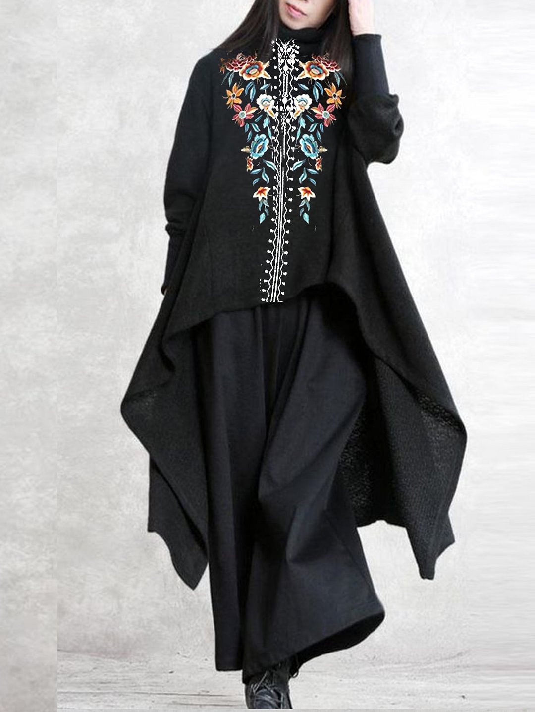Floral Long Sleeve Ethnic Asymmetrical Hem Top
