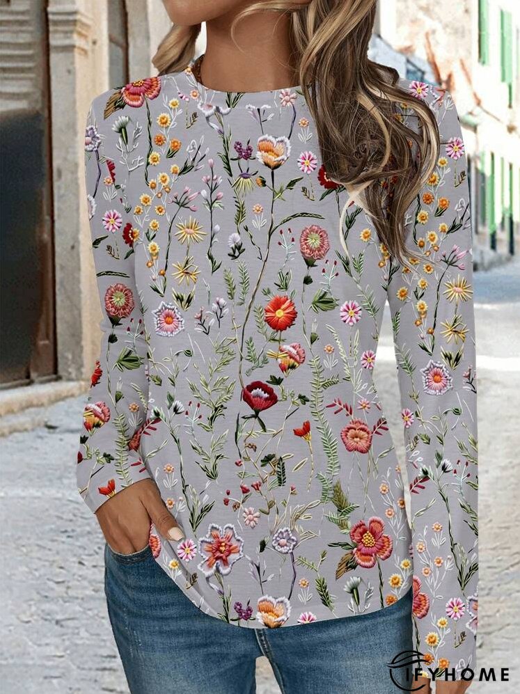 Women's Round Neck Long Sleeve Full Floral Print Casual T-Shirt | IFYHOME