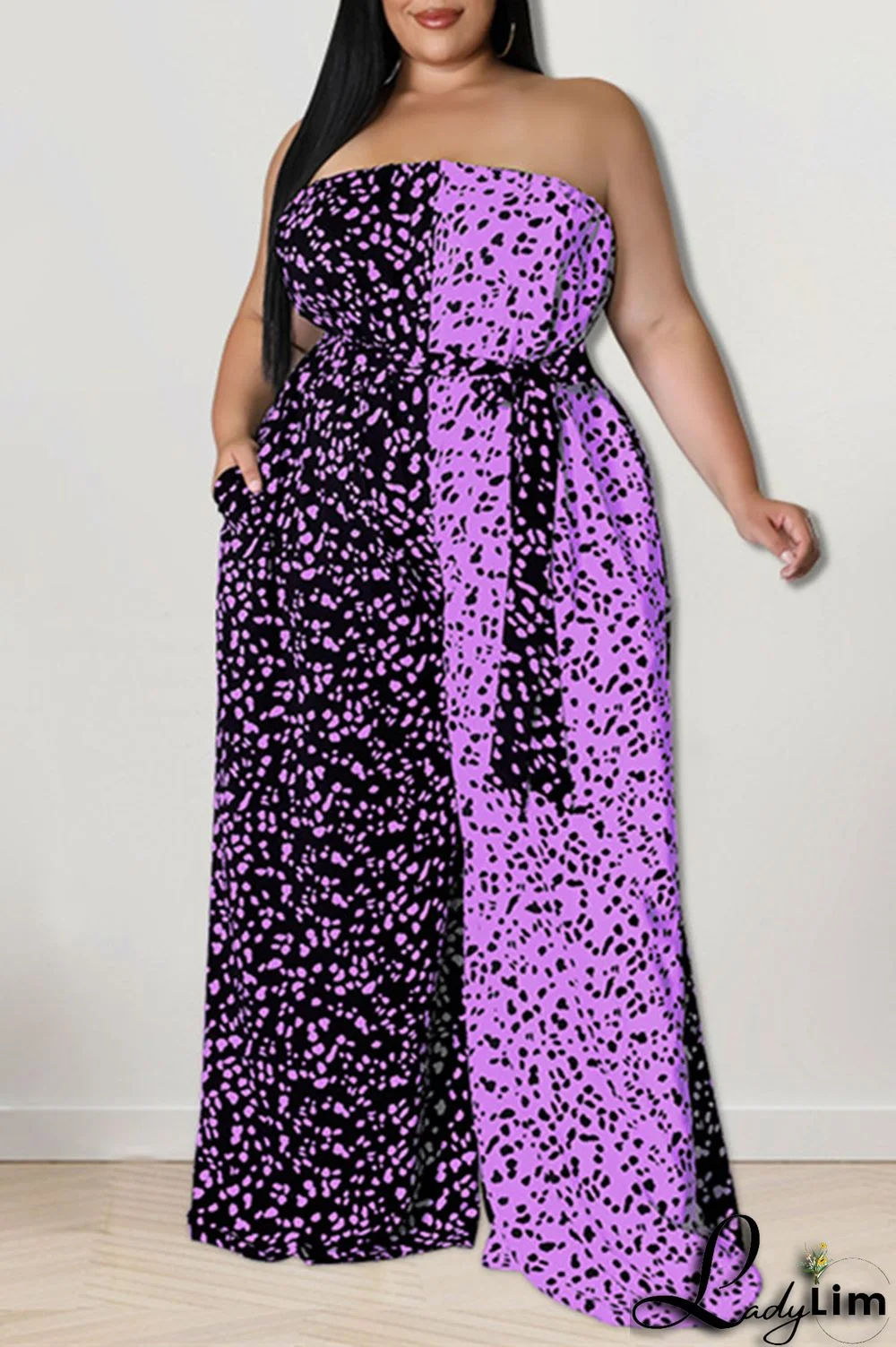 Purple Fashion Casual Print Split Joint Backless With Belt Strapless Plus Size Jumpsuits