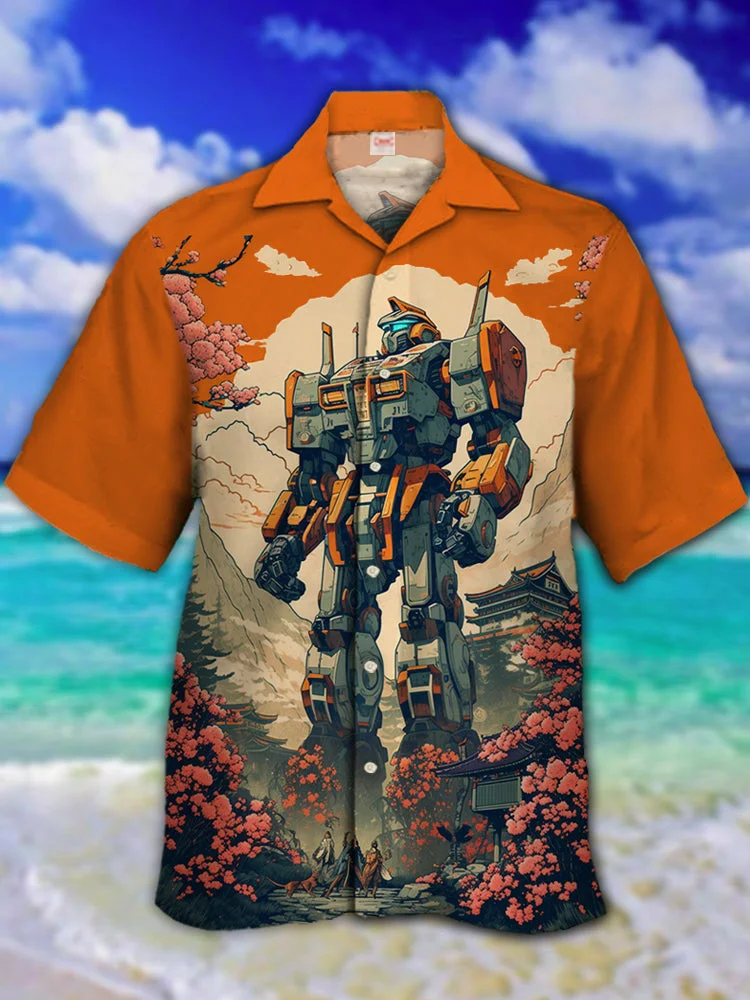 Eye-Catching Ukiyo-e Future Technology Base Giant Robot And Samurais Printing Cuban Collar Hawaiian Short Sleeve Shirt BestDVibe