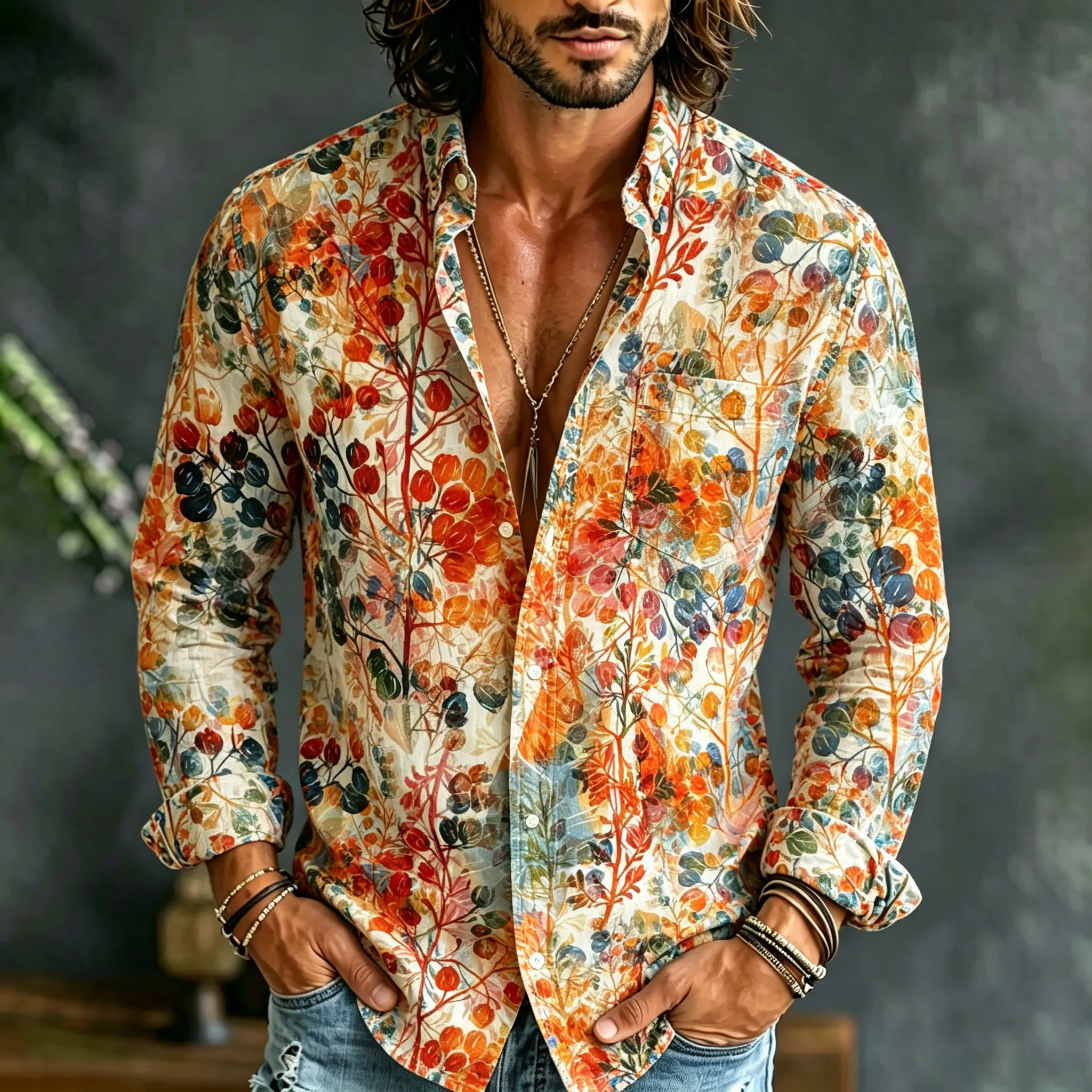 Men's Retro Hippie Floral Design Cotton Linen Long-sleeved Shirt elevenforest