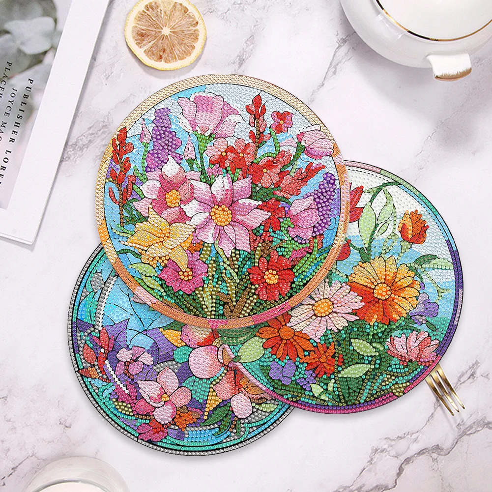 4pcs DIY Bloom Flowers Acrylic Diamond Painted Placemats for Dining Table Decor(19.5cm)
