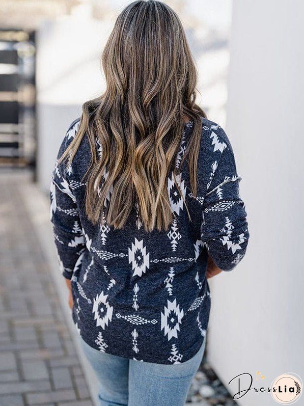 Printed Slim V-Neck Buttoned Long Sleeve Blouse