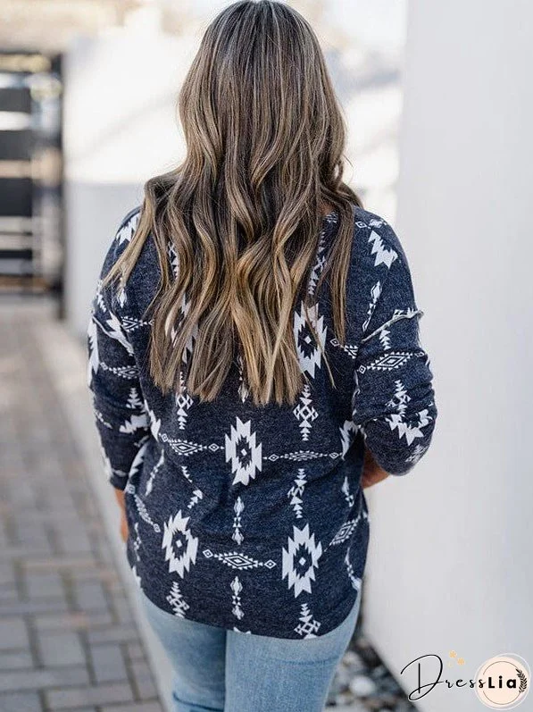 Printed Slim V-Neck Buttoned Long Sleeve Blouse