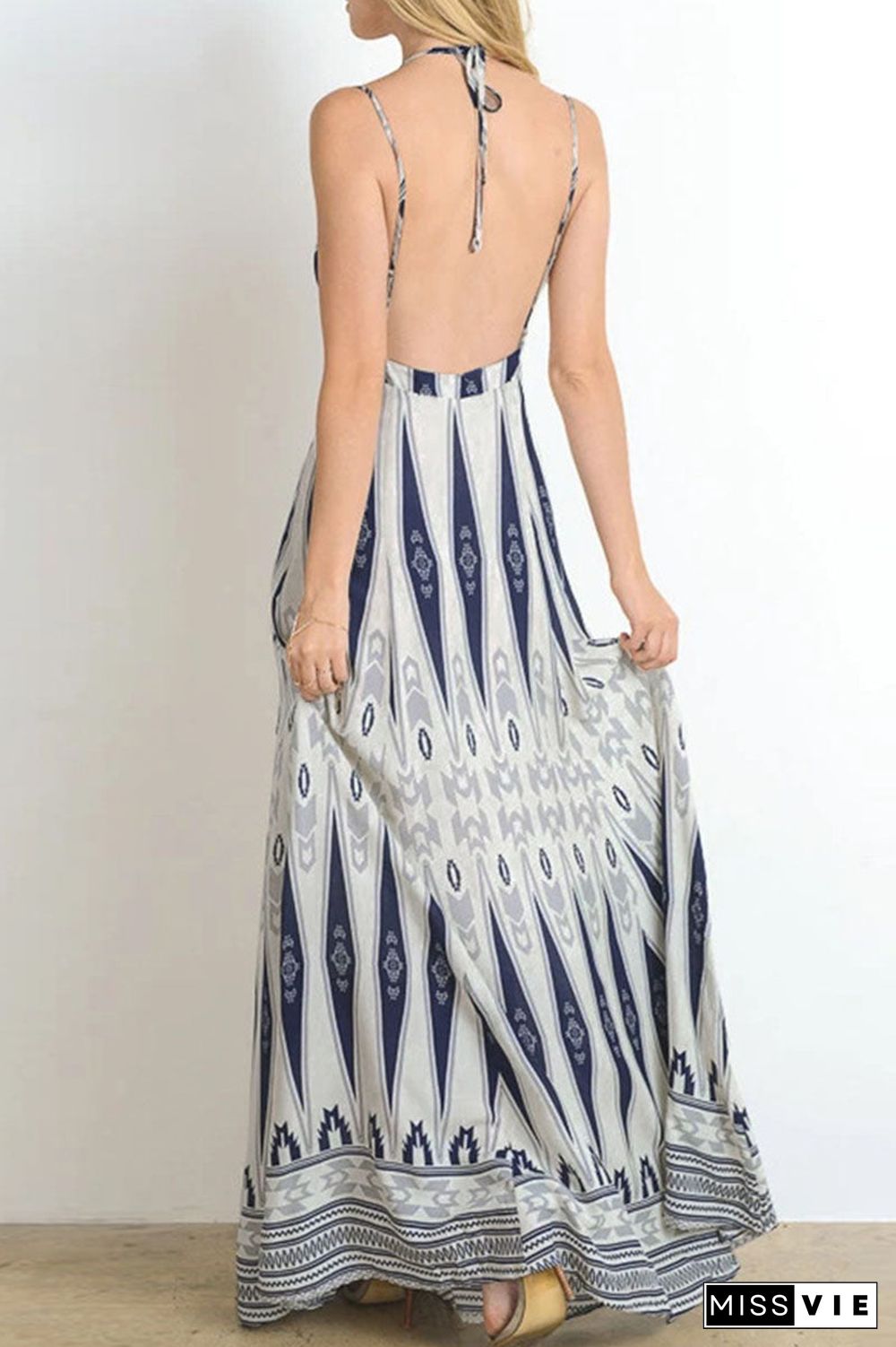 Fashion Bohemian Print Split Joint Backless V Neck A Line Dresses