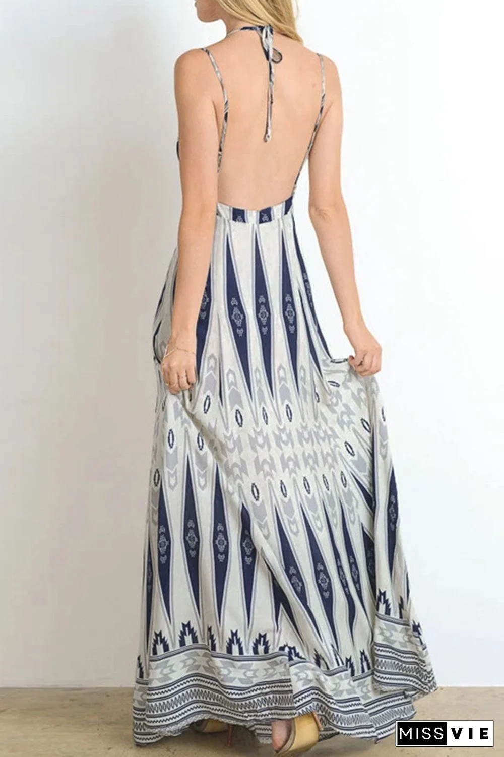 Fashion Bohemian Print Split Joint Backless V Neck A Line Dresses