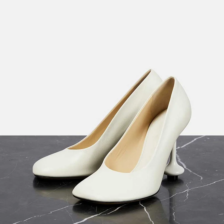 Women's Elegant Round Toe Lacquered Sculptural Heel White Pumps |FSJ Shoes