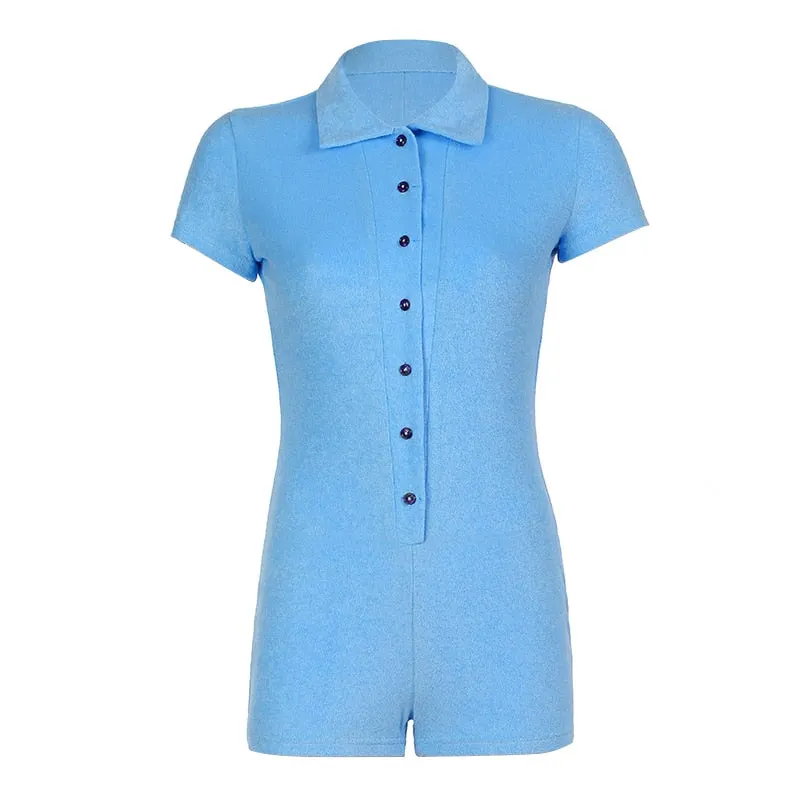 Rapcopter Solid Playsuits Single-Breasted Short Sleeve Bodysuits Vintage Biker Overalls Women Turn Down Collar Jumpsuits Rompers