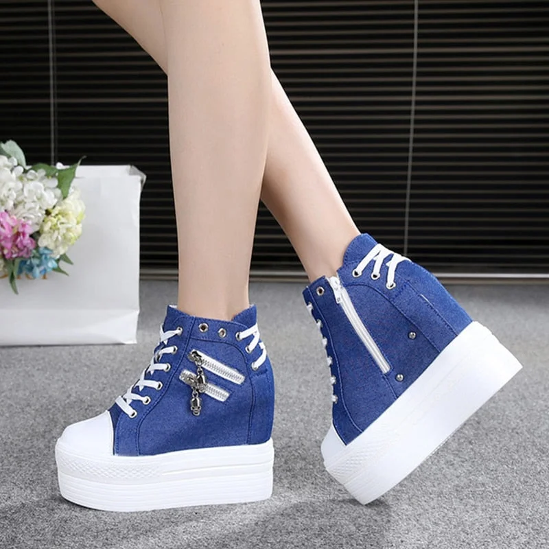 2021 Autumn Women Casual Shoes Denim Ankle Boots Ladies Classic Zipper Height Increasing student Boots Zapatos De Mujer