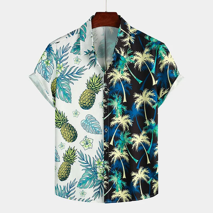 BrosWear Casual Stitching Hawaii Coconut Tree Printing Shirt