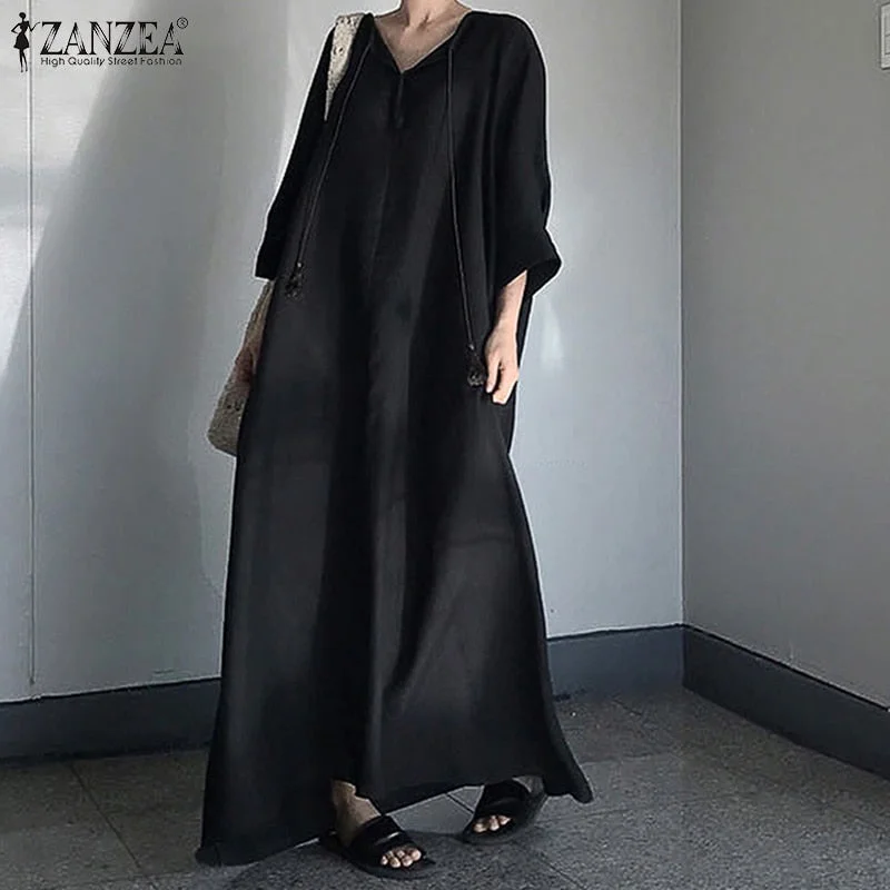 ZANZEA Women Dress Autumn Black Maxi Long Sundress Robe Vintage V neck  Sleeve Cotton Linen Vestido Solid Kaftan Femme 7