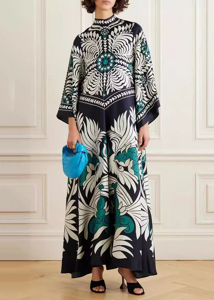 Black Print Bohemia Silk Long Dress Bracelet Sleeve