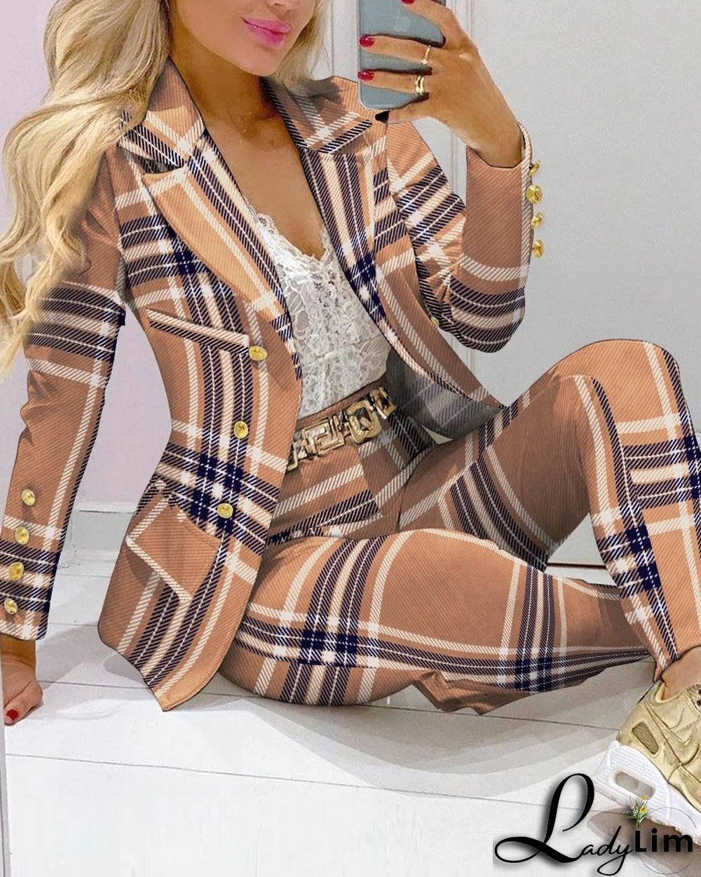 Fall Casual Fashion Suits Women's Print Blazer and pants two piece set