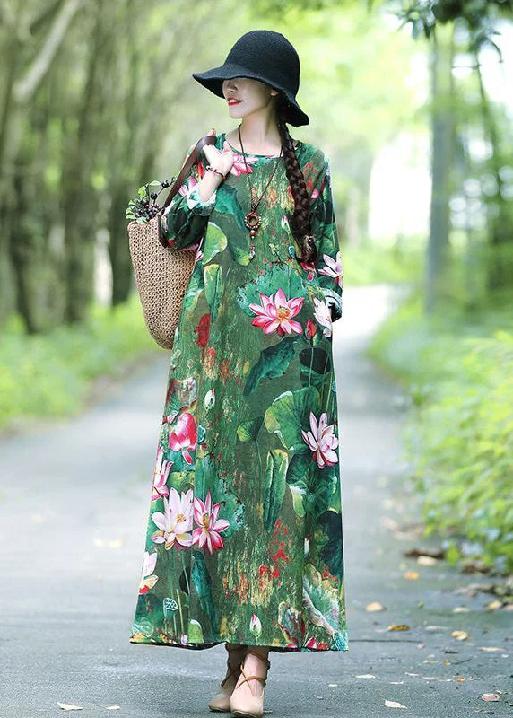 Chic Green Lotus Print Oversized Cotton A Line Dresses Spring