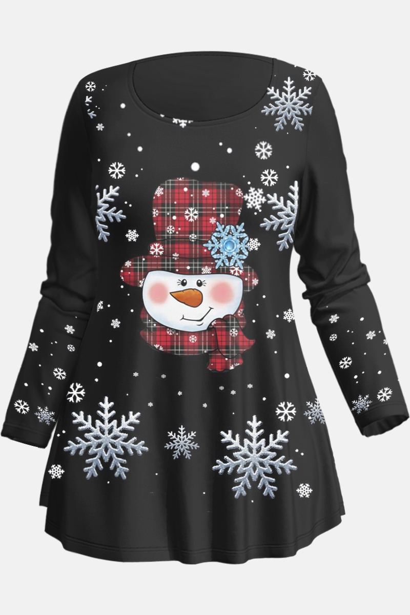 Flycurvy Plus Size Christmas Black Snowman Snowflake Plaid Print Long Sleeve T-Shirt 2024 - Flycurvy 