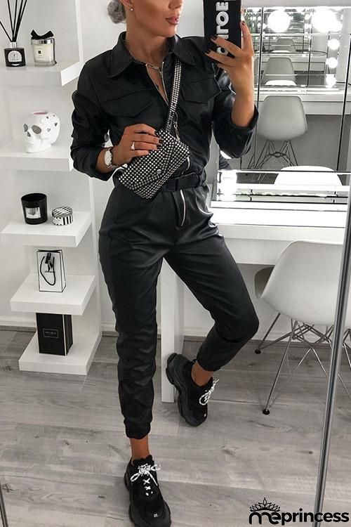 Zipper Long Sleeve PU Jumpsuit