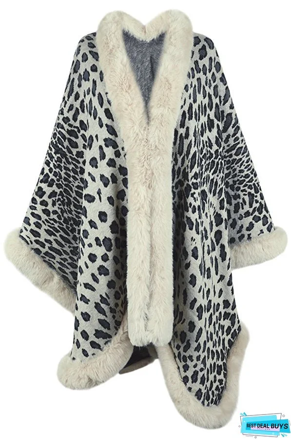 Leopard Print Fashionable Raw Edge Shawl Cape Cardigan