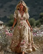 Women's Vintage Pink Floral Art Linen Blend Casual Short Sleeve Maxi Dress - Image 8