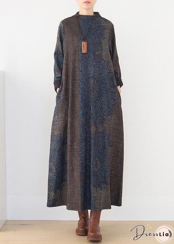 Winter Blue Prints Retro Loose Large Size Dress