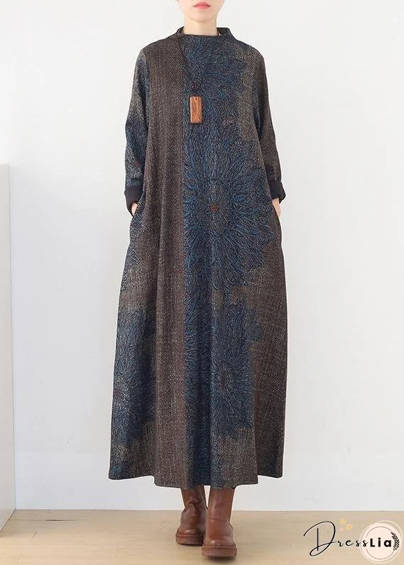 Winter Blue Prints Retro Loose Large Size Dress