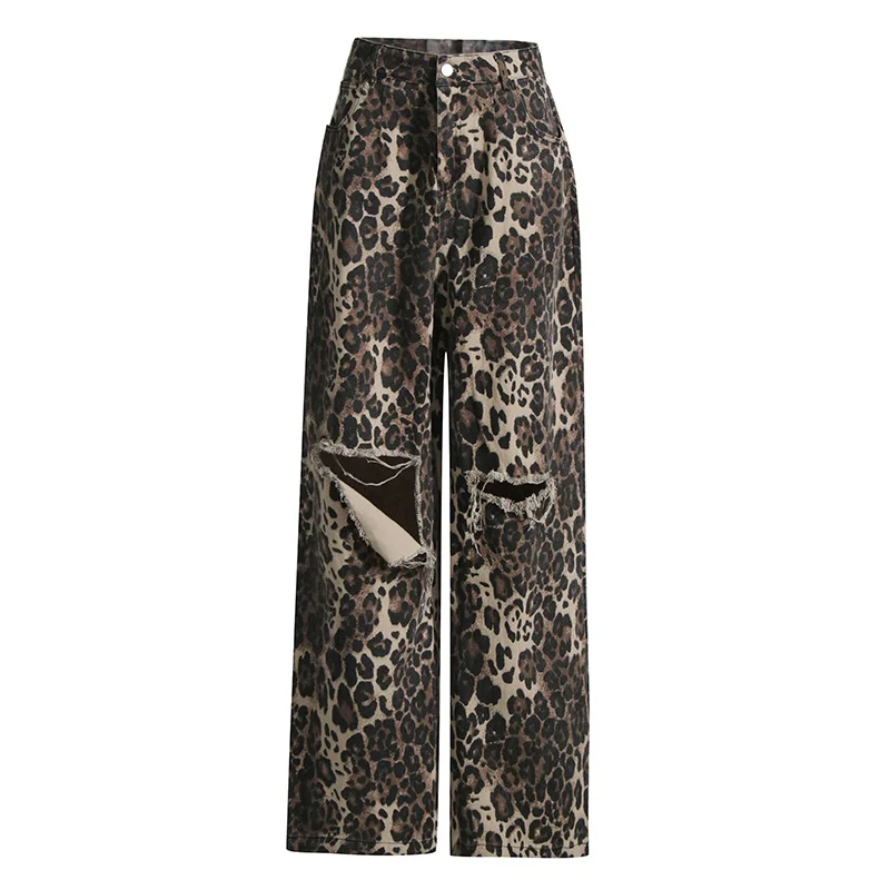 Toloer Toloer Tooling Fall 2024 New Fashion Personality Leopard Print Hole Straight Loose Long Jeans Women-Outfit Ideas