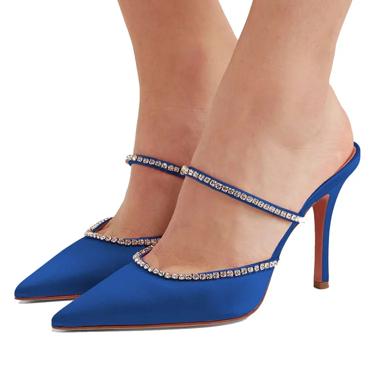 Blue Satin Pointy Toe Rhinestone Mule Heels |FSJ Shoes