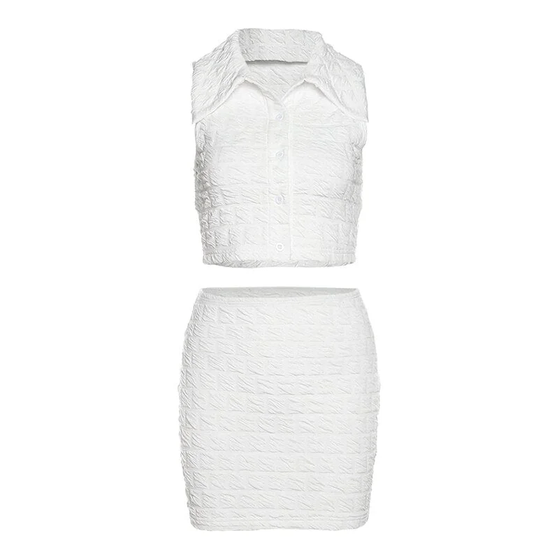 Yiallen Solid Elegant Simple Two Piece Set Women Skirt Folds Sleeveless Polo-Neck Single Breasted Top+Elastic High Waist Skirt