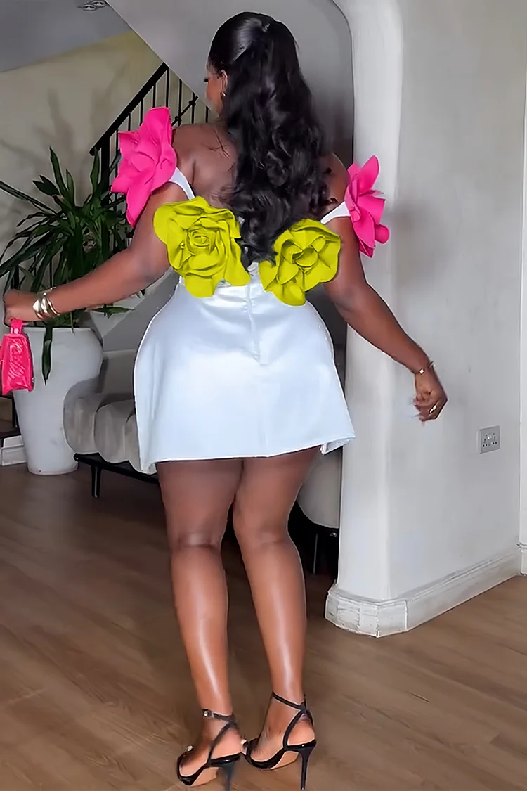 Off Shoulder 3D Flower Decor Slim-Fit Party Mini Dresses-White [Pre Order]