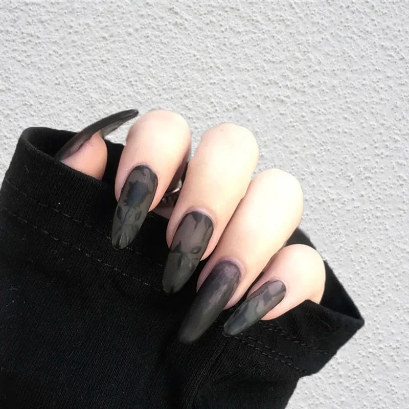 24pcs Black color press on fake nails  Elegant  Glitter Fake Gemstone False Nails Short Round Head Acrylic With Glue for girls