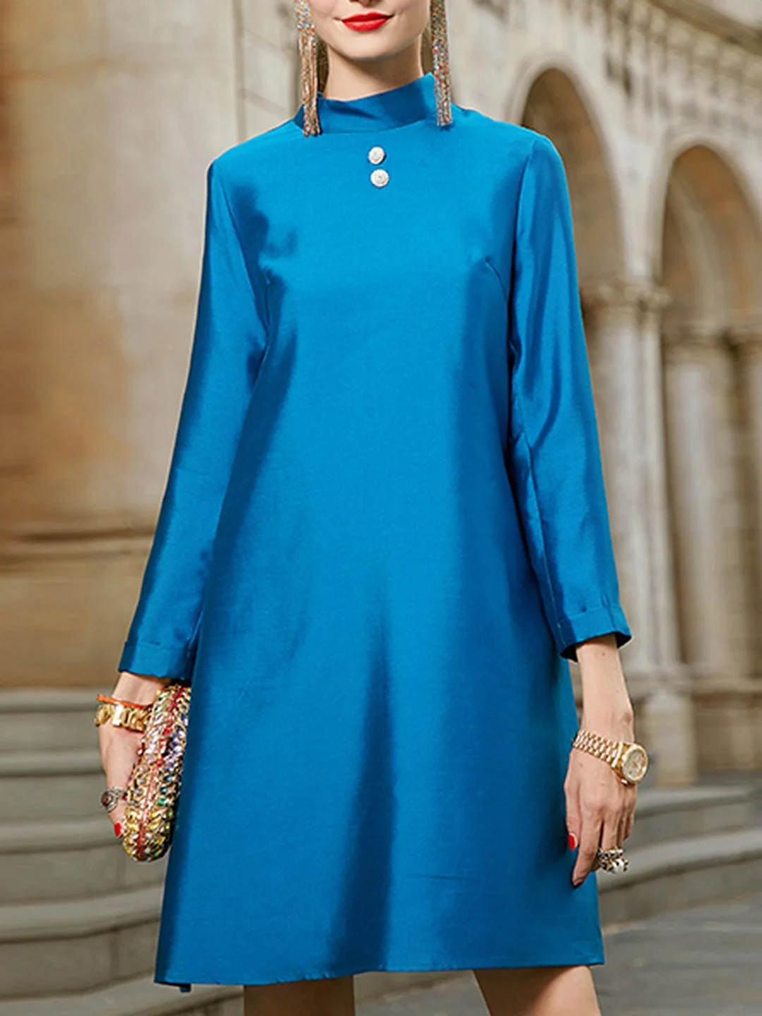 Stand Collar Blue Shift Elegant Mini Dress