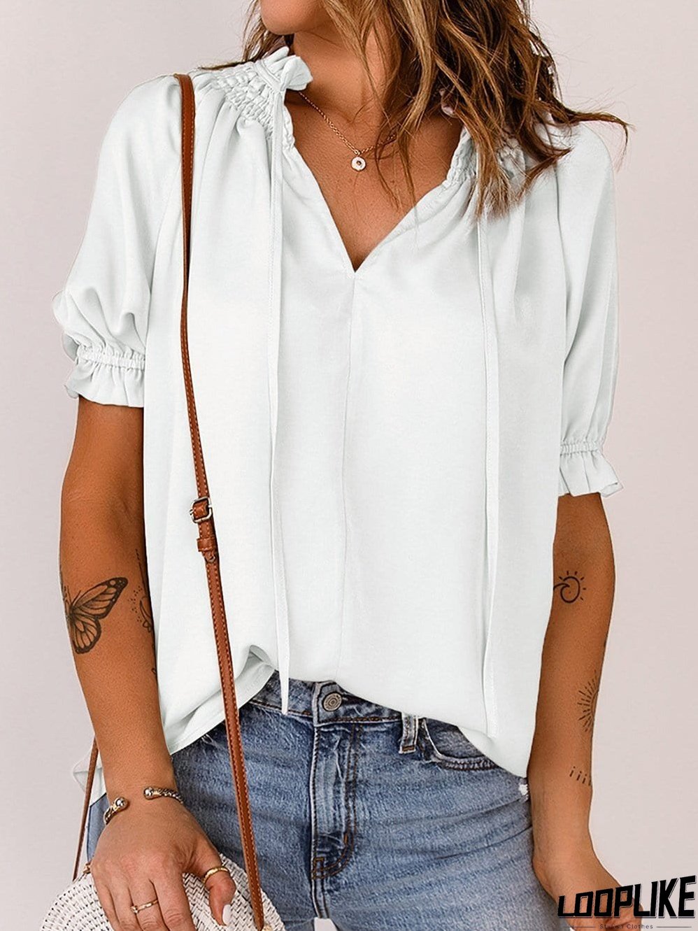 White Split Neck Textured Loose Blouse main image 1