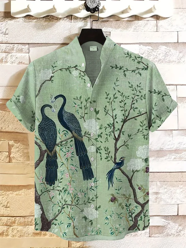 Men's Peacocks In Love Print Linen Blend Shirt