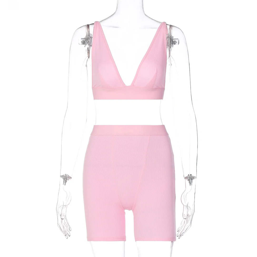 Hugcitar 2021 Sleeve V-Neck Sexy Crop Tank Top Biker Shorts 2 Piece Set Autumn Winter Women Fashion Streetwear Tracksuit