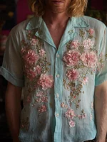 Men's Floral Three-dimensional Embroidery Sequin Retro Vintage Vintage Style Light Blue Short Sleeved Casual Shirt