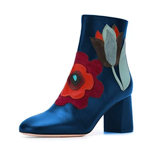 Blue Floral Block Heel Ankle Boots - Fashionable and Short Vdcoo