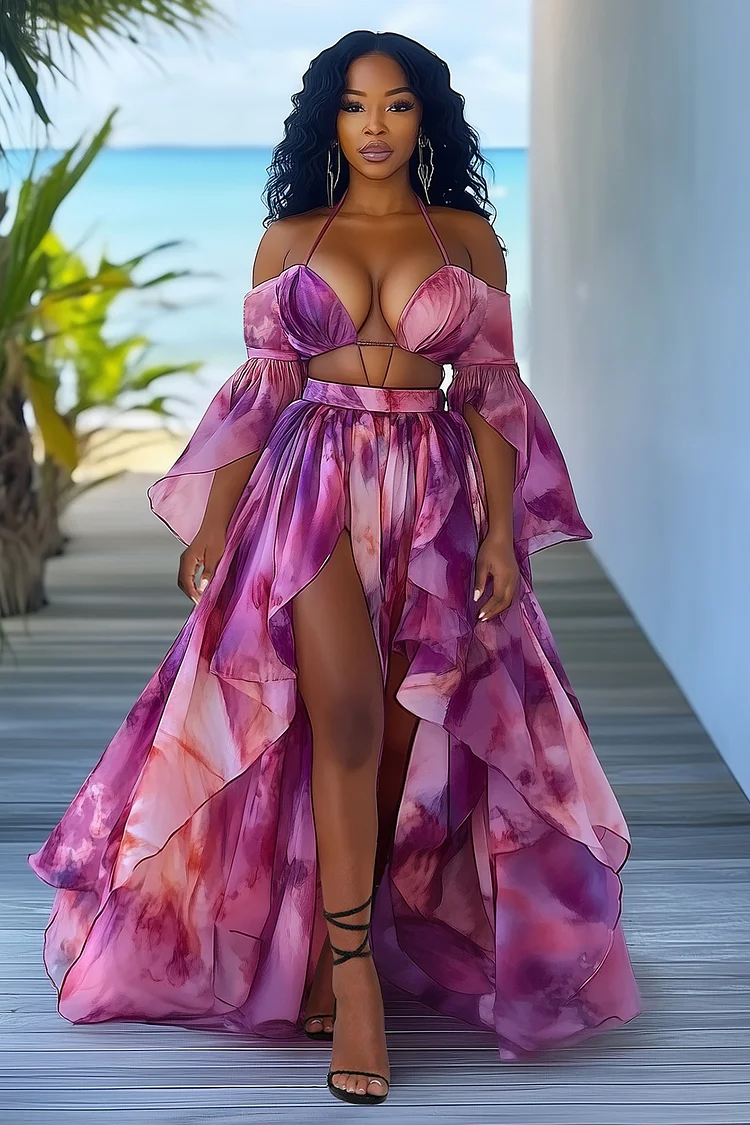 Irregular Sleeve Cutout Slit Printed Halter Maxi Dresses-Purple [Pre Order]