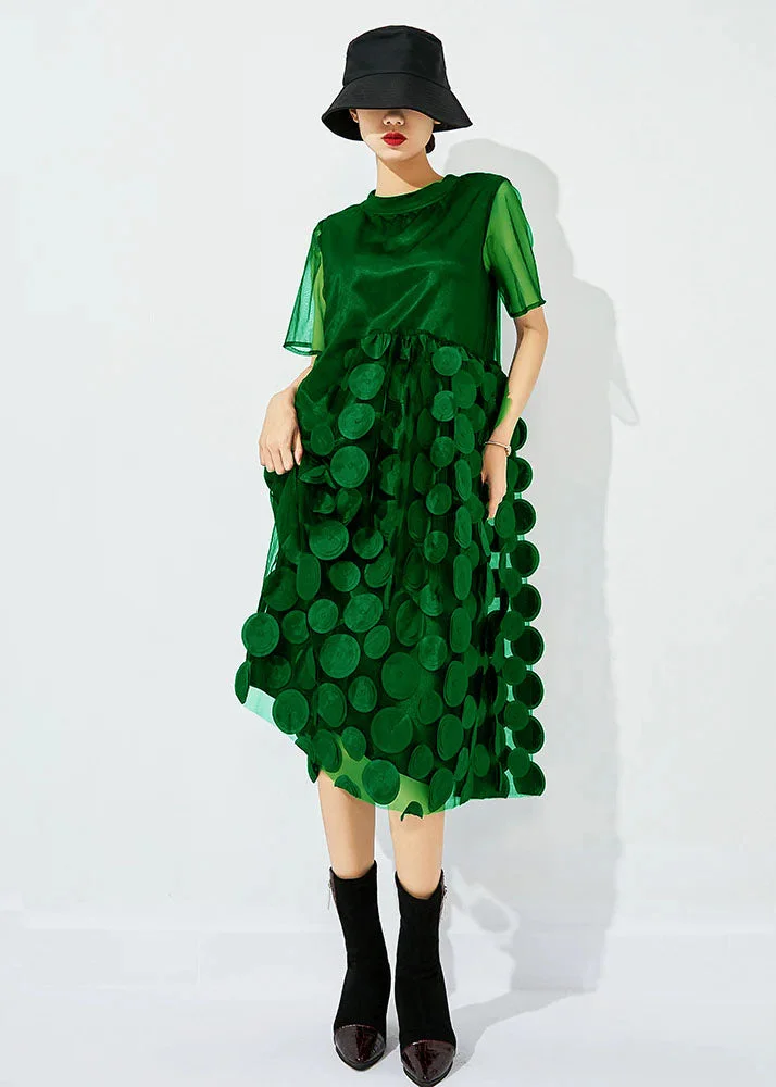 Women Tea Green O-Neck Patchwork Dot Tulle Holiday Dress Summer