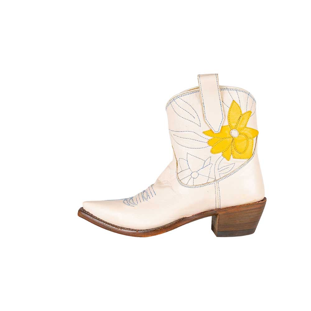  White Snip Toe Chunky Heel Yellow Floral Inlay Cowgirl Ankle Boots Nicepairs