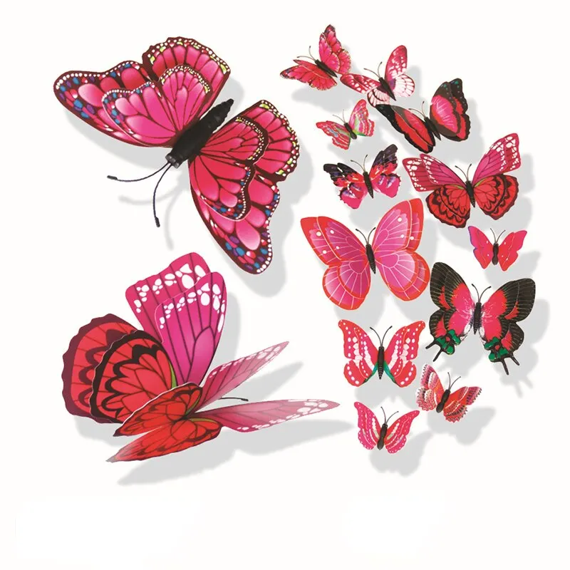 12pcs/lot Plain color 3D stickers Simulation butterfly double wings Modern home decor Background wall painting Magnetic+Glue