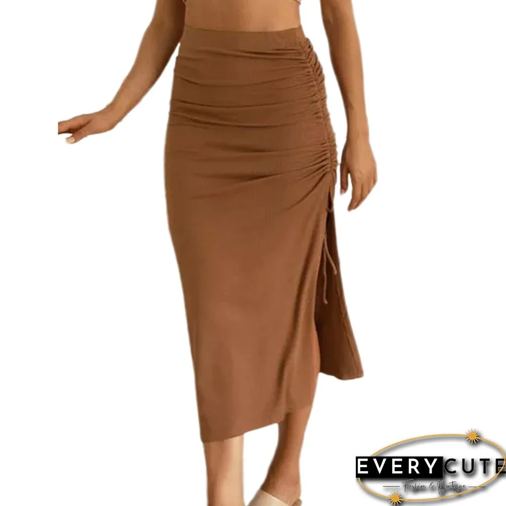 Khaki Knitted Pleated Split Bodycon Skirt