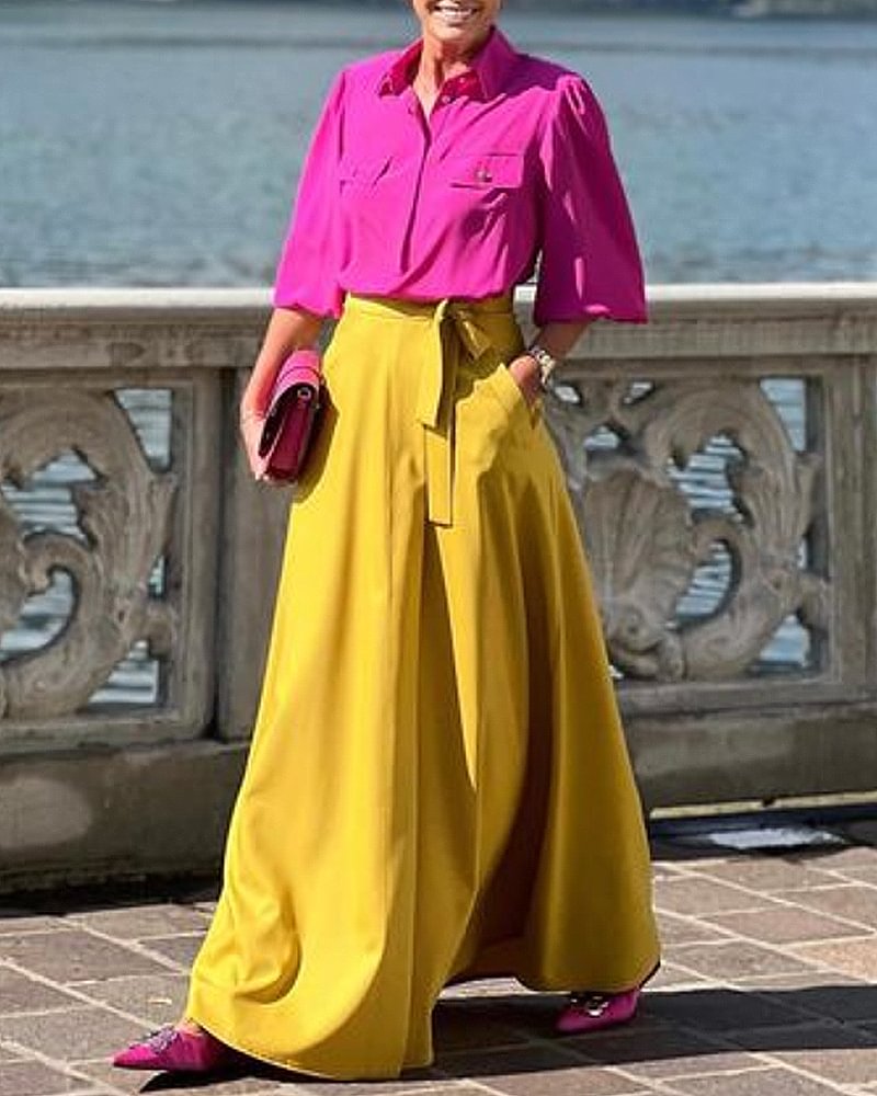 Contrast color colorful blouse + skirt suit