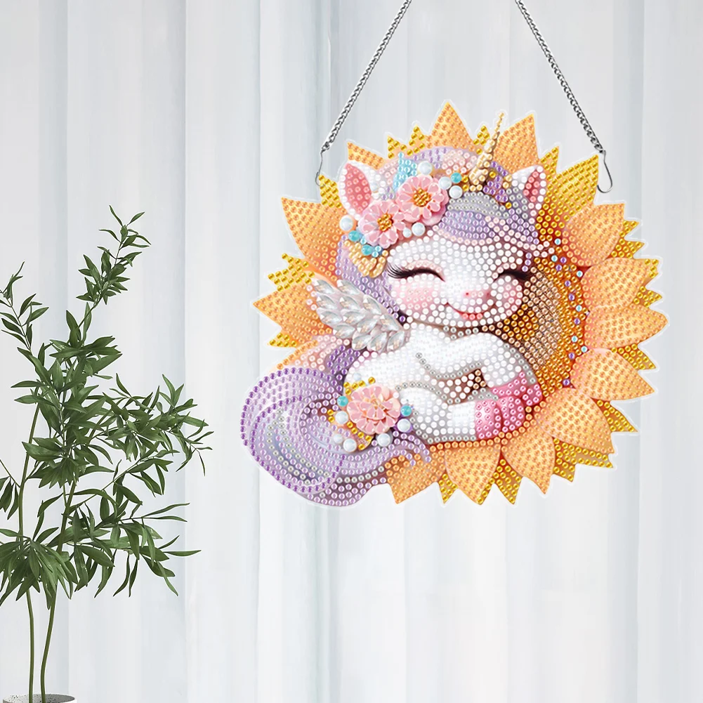Single-Side Unicorn Diamond Art Hanging Pendant for Office Decor (Sunflower)