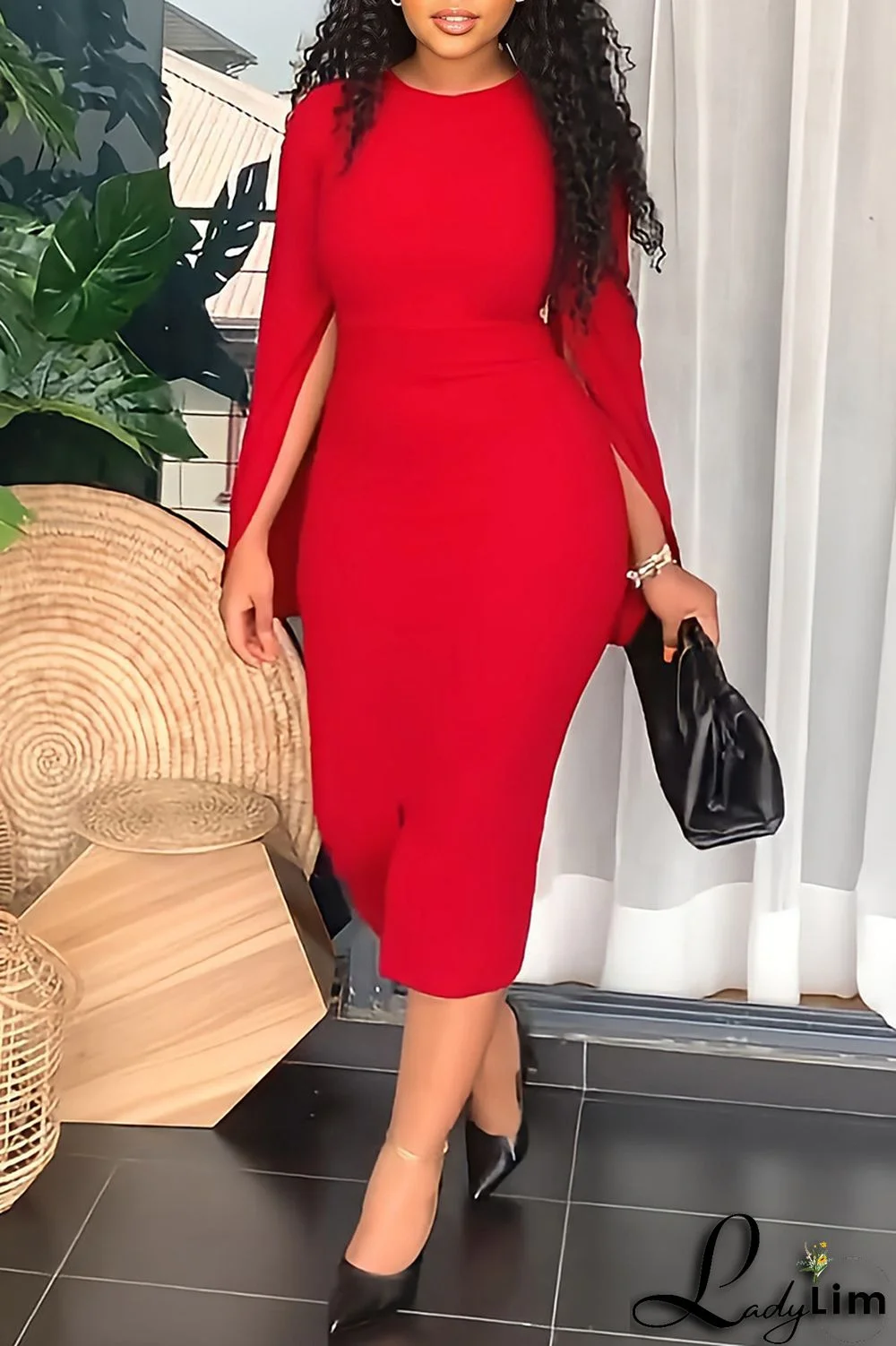 Red Fashion Casual Solid Patchwork Slit O Neck Long Sleeve Dresses