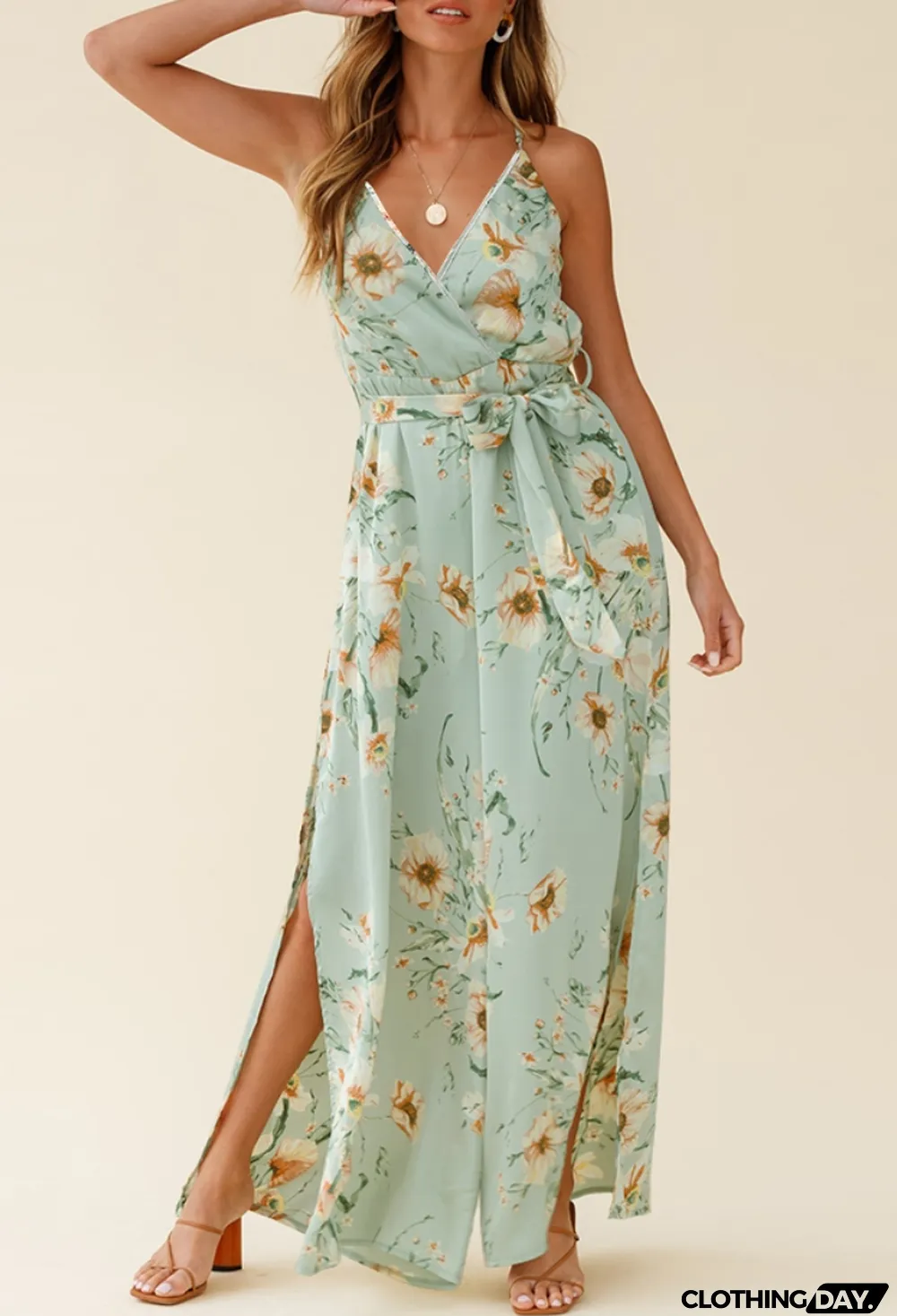 Summer Casual Floral Green Slit Bottom Wrapped Strap Jumpsuit